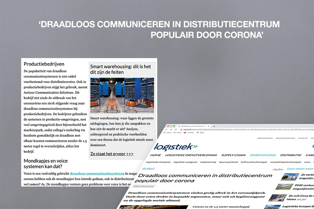 AXIWI vermeld in artikel op Logistiek.nl: Draadloos communiceren in distributiecentrum populair door corona